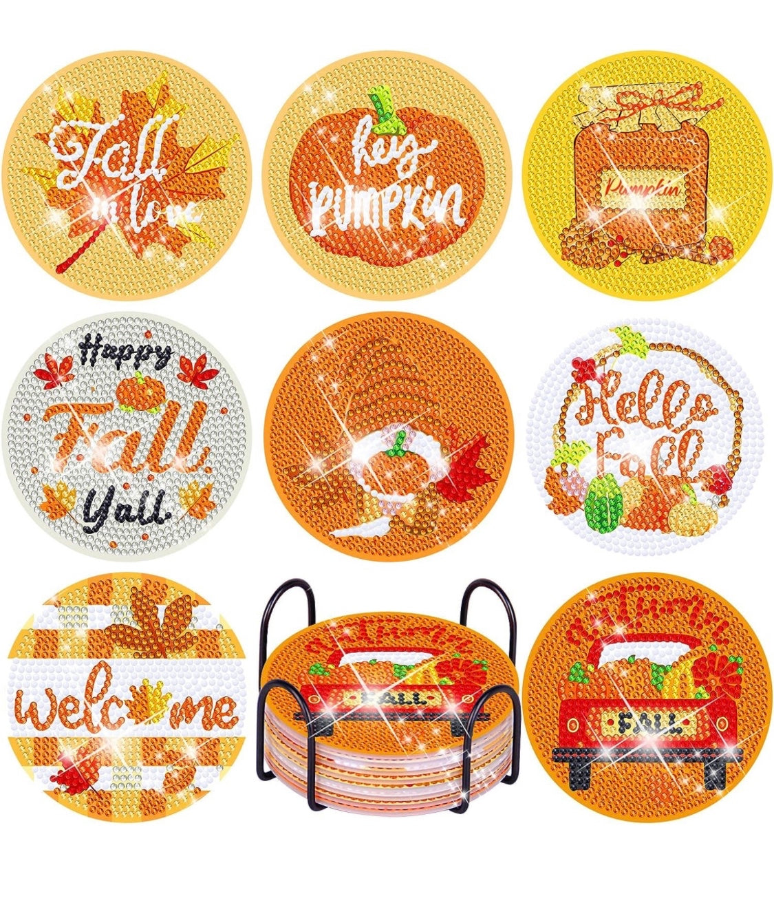 Set of 8 Fall Coasters!! Hello Fall!!! Welcome!! Red Fall Truck!! Happy Fall Y’all!! Hey Pumpkin!! Made to Order!